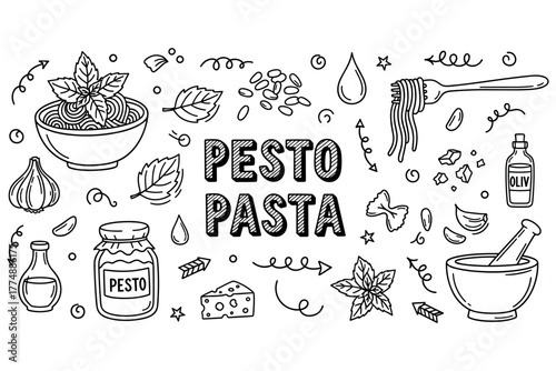 Doodle illustration of pesto pasta ingredients and cooking utensils