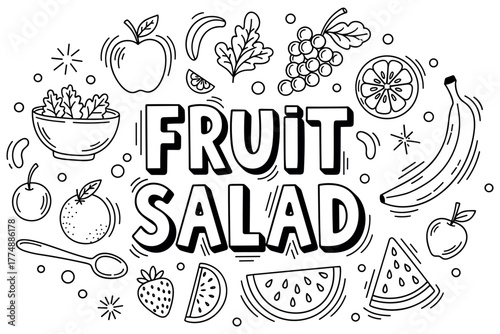 Black and white fruit salad coloring page with various fruits and bowl
