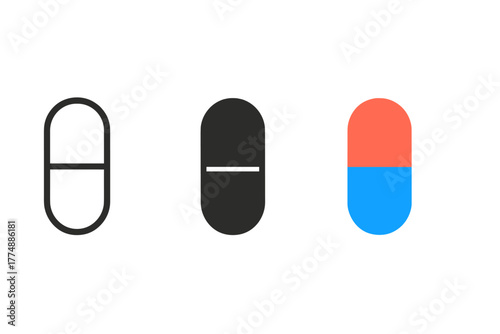 Minimalist Pill Icons. Minimalist pill icon: three identical capsules split in half with line in the middle in a row, first in