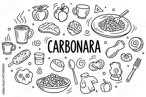 Hand-drawn carbonara and ingredients sketch with various foods and drinks