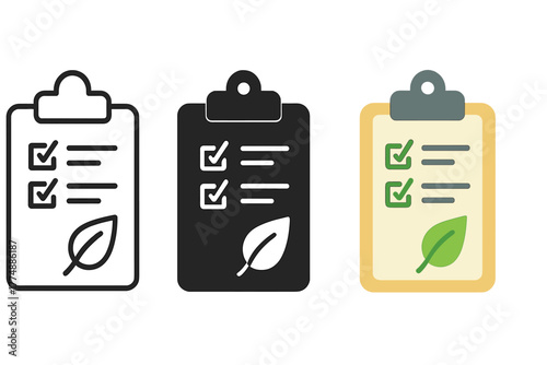 Survey Icons in Styles. Minimalist environmental study icon: three identical clipboard with survey icons in a row, first in line