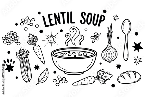 Lentil soup illustration with vegetables and utensils in black and white