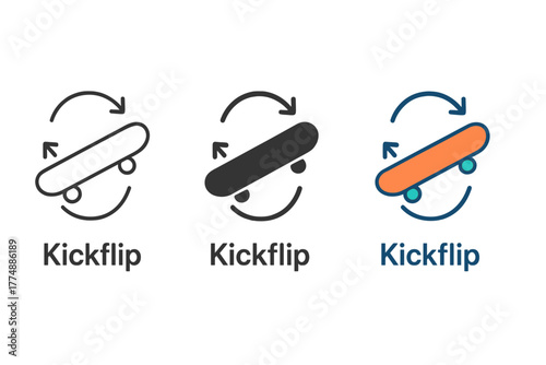 Skate Trick Icons. Minimalist trick name icon: three identical skateboard trick diagrams in a row, first in line style with thin