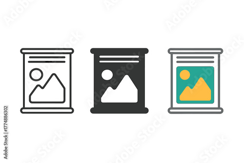 X-Ray Icon Styles. Minimalist x-ray scan icon: three identical x-ray of painting icons in a row, first in line style with thin