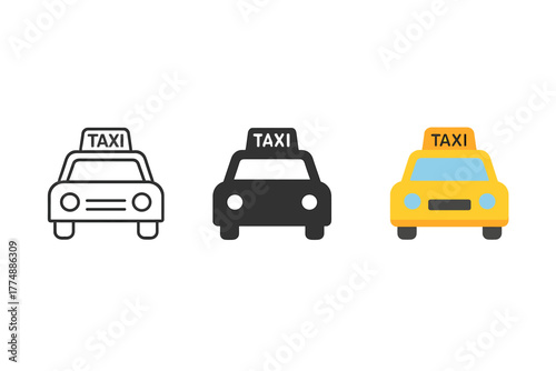 Minimalist Taxi Icons. Minimalist taxi icon: three identical taxi car icons in a row, first in line style with thin outline,