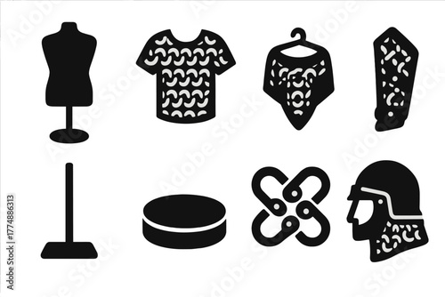 Mail Armor Icons. Solid style icons of Mail Armor Display: Mannequin, Chain Shirt, Hanging Hood, Arm Guard, Display Stand, Wooden