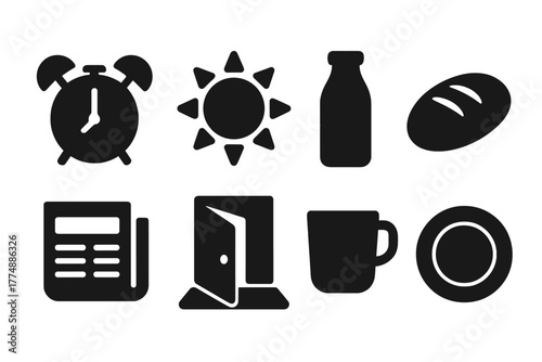 Morning Routine Icons. Solid style icons of Morning Routine: Alarm Clock, Sun, Milk Bottle, Bread Loaf, Newspaper, Doorstep, Cup,