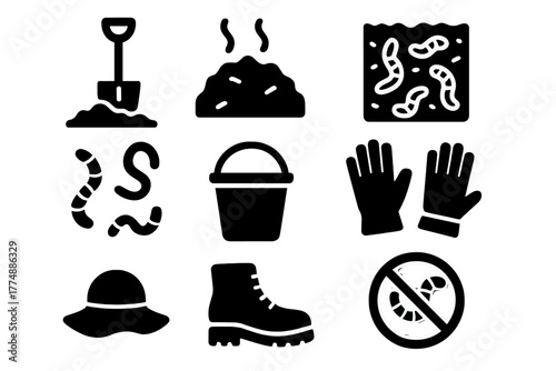 Vibrational Worm Icons. Solid style icons of Vibrational Worm Techniques: Stob, Soil, Soaking Ground, Worms, Bucket, Gloves, Hat,