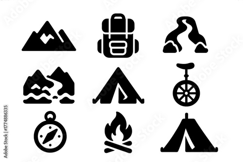 Adventure Unicycling Icons. Solid style icons of Adventure Unicycling: Mountain, Backpack, Trail, River Crossing, Tent, Unicycle,