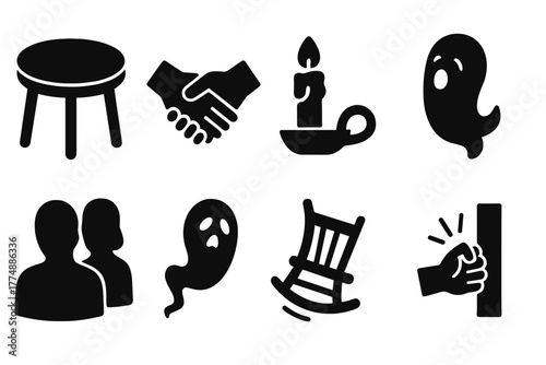 Haunted Table Icons. Solid style icons of Haunted Circle: Wooden Table, Joined Hands, Dim Candle, Whispering Spirit, Shadow Behind