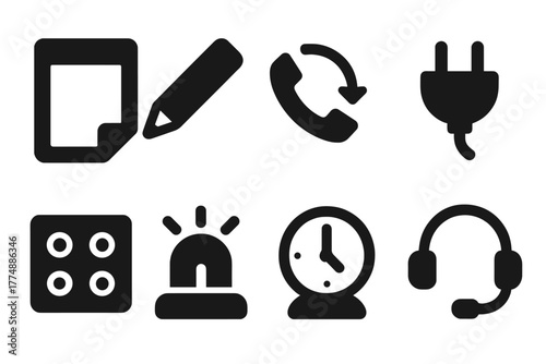 Operator Tools Icons. Solid style icons of Operator Tools: Writing Pad, Pencil, Call Log, Plug Cord, Jack Panel, Signal Lamp, Desk