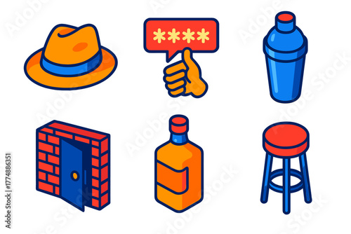 Colorful Speakeasy Icons. Isometric vector illustration set Speakeasy: Fedora, Secret Password, Cocktail Shaker, Hidden Door,
