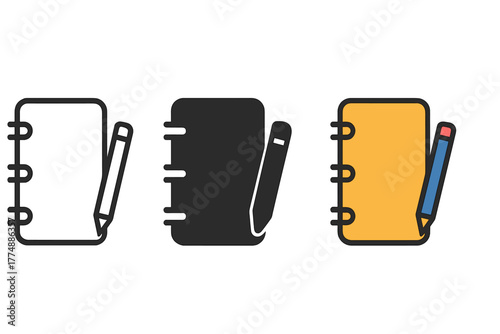 Minimalist Notebook Icons. Minimalist documentation icon: three identical notebook with pencil icons in a row, first in line style