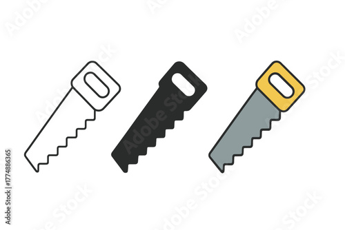 Minimalist Saw Icons. Minimalist saw icon: three identical hand saws with jagged blades in a row, first in line style with thin
