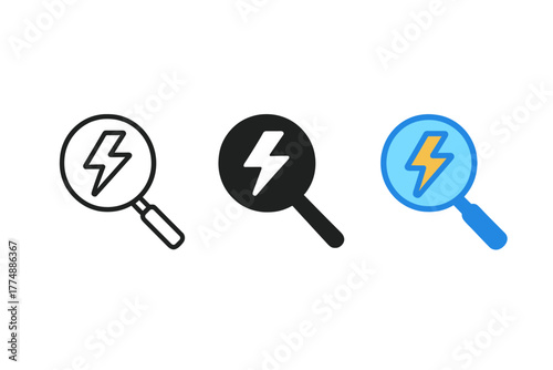 Lightning Search Icons. Minimalist quick search icon: three identical lightning symbols combined with a magnifier in a row, first