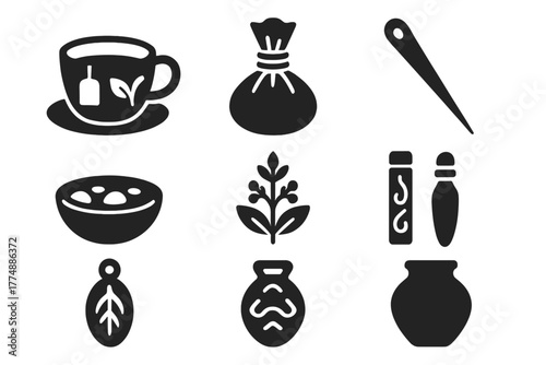 Traditional Healing Icons. Solid style icons of Traditional Healing: Herbal Tea, Wrapped Poultice, Bone Needle, Stone Bowl, Sacred