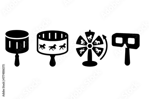 Pre-Cinema Toy Icons. Solid style icons of Pre-Cinema Toys: Slitted Drum, Zoetrope, Spinning, Animation, Sequential Images, Viewer