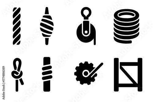 Rope Making Icons. Solid style icons of Rope Making: Twisted Fiber, Spindle, Pulley, Coil, Knot, Rope End, Tension Wheel, Wooden