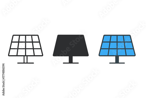 Solar Panel Styles. Minimalist solar panel icon: three identical satellite solar panels in a row, first in line style with thin