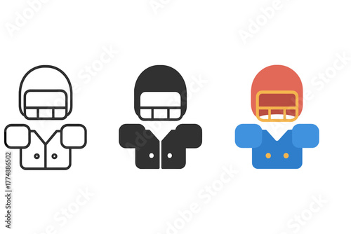 Minimalist Gear Icons. Minimalist protective gear icon: three identical helmets and pads in a row, first in line style with thin