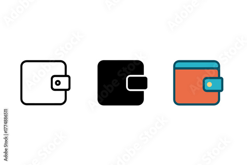 Wallet Icon Variations. Minimalist wallet icon: three identical wallets with a flap in a row, first in line style with thin