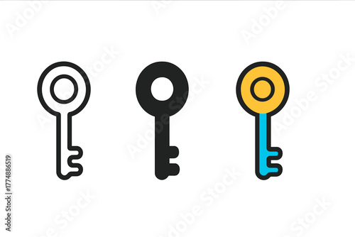 Minimalist Key Trio. Minimalist key icon: three identical simple keys in a row, first in line style with thin outline, second in