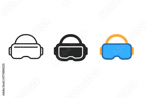 Minimalist VR Headset Styles. Minimalist VR headset icon: three identical virtual reality headsets in a row, first in line style