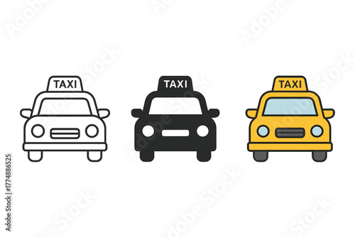 Minimalist Taxi Icons. Minimalist taxi icon: three identical taxi car icons in a row, first in line style with thin outline,