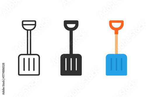 Minimalist Snow Shovels. Minimalist snow shovel icon: three identical snow shovel icons in a row, first in line style with thin