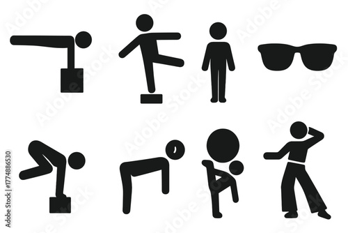 Stylish Balance Icons. Solid style icons of Unusual Balance Poses: Body Straight, Elevated Surface, Feet Together, Hands Down,
