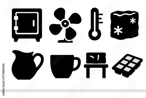 Vintage Cooling Icons. Solid style icons of Vintage Cooling Devices: Icebox, Fan, Thermometer, Block of Ice, Jug, Cup, Shelf, Tray