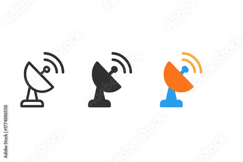 Varied Satellite Signals. Minimalist satellite signal icon: three identical satellite signals in a row, first in line style with