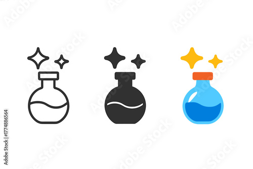 Magical Potion Icons. Minimalist magical effects icon: three identical sparkling potion effects icons in a row, first in line