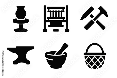 Ancient Craft Icons. Solid style icons of Ancient Crafts: Pottery Wheel, Loom, Chisel, Hammer, Anvil, Mortar, Pestle, Basket, No