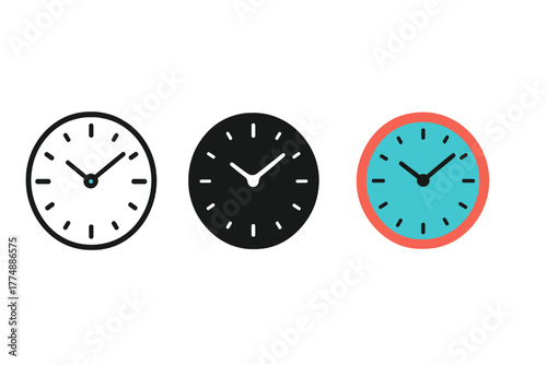 Stylish Clock Trio. Minimalist clock icon: three identical round wall clocks with hands in a row, first in line style with thin
