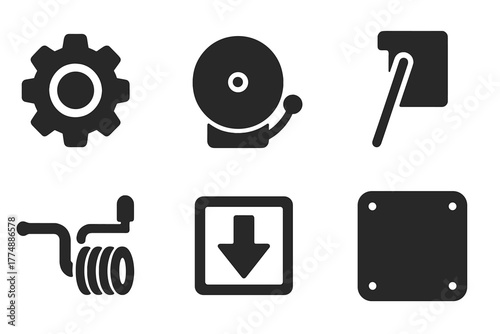 Fire Alarm Icons. Solid style icons of Fire Alarm Mechanisms: Gear, Spring, Bell, Lever, Crank, Wire Coil, Indicator Arrow, Cover