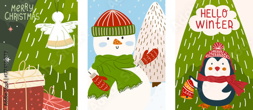 Merry Christmas card set. Funny winter holiday posters with snowman, angel, Christmas tree, penguin in knitted hat. For greeting, poster, banner, and background. Vector illustration