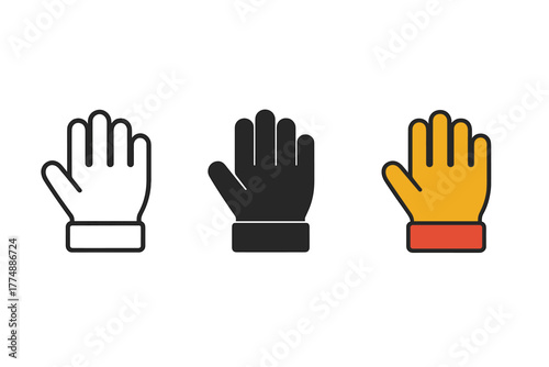 Firefighter Gloves Icon. Minimalist safety gloves icon: three identical firefighter gloves icons in a row, first in line style