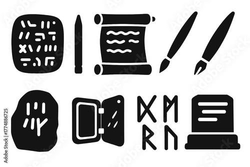 Ancient Writing Tools. Solid style icons of Ancient Writing: clay tablet, stylus, papyrus scroll, reed pen, stone carving, wax