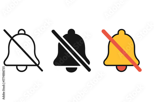 Minimalist Bell Icons. Minimalist bell with slash icon: three identical bells with a diagonal line across in a row, first in line