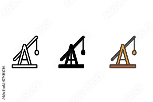 Minimalist Trebuchet Icons. Minimalist trebuchet icon: three identical trebuchet icons in a row, first in line style with thin