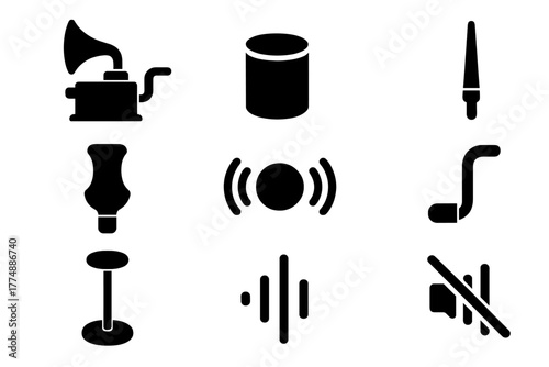 Vintage Dictation Icons. Solid style icons of Vintage Dictation Tools: Dictaphone, Wax Cylinder, Stylus, Mouthpiece, Crank,