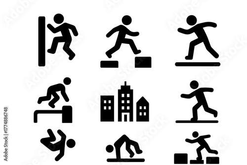 Parkour Icon Set. Solid style icons of Parkour: Wall Run, Precision Jump, Urban Environment, Flow, Vault, Rail Balance, Flip,