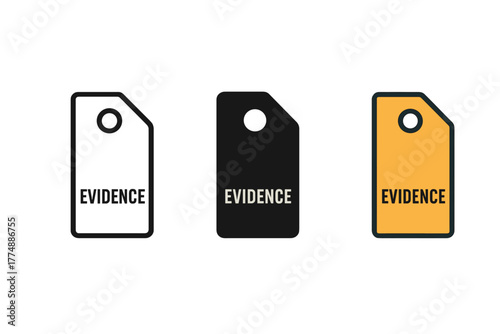 Evidence Label Icons. Minimalist evidence label icon: three identical labeled evidence tags in a row, first in line style with
