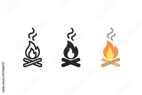 Signal Fire Icons. Minimalist signal fire icon: three identical small campfires with smoke signals in a row, first in line style
