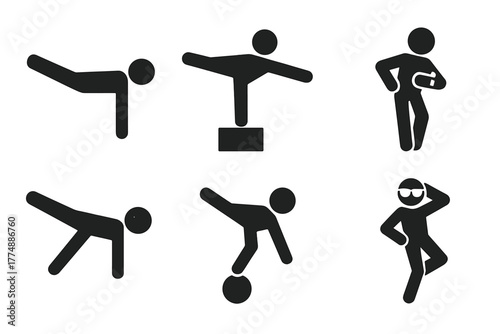 Stylish Balance Icons. Solid style icons of Unusual Balance Poses: Body Straight, Elevated Surface, Feet Together, Hands Down,