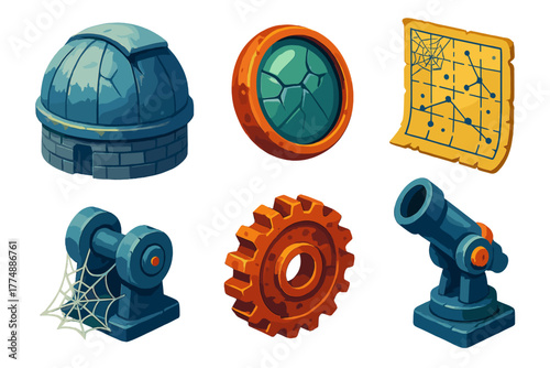 Abandoned Observatory Icons. Isometric vector illustration set Abandoned Observatory: Dusty Dome, Broken Lens, Old Chart, Cobwebs,
