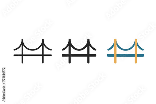 Suspension Bridge Icons. Minimalist cable tension icon: three identical suspension bridge cable icons in a row, first in line