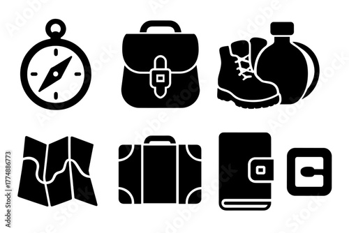Explorer's Essential Gear. Solid style icons of Explorer’s Gear: Compass, Leather Satchel, Worn Boots, Water Flask, Folding Map,