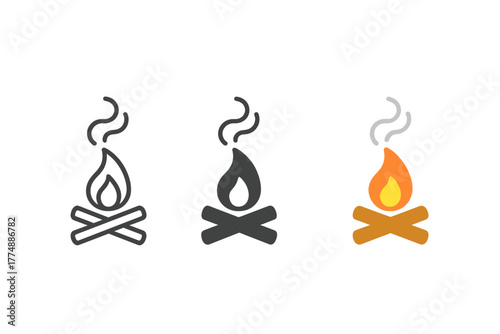 Signal Fire Icons. Minimalist signal fire icon: three identical small campfires with smoke signals in a row, first in line style